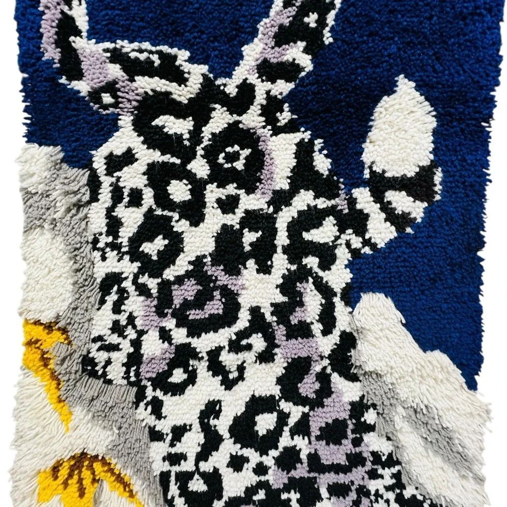 Retro Snow Leopard Latch Hook Wall Hanging Shag Rug Pop Art MCM 70s Maximalist